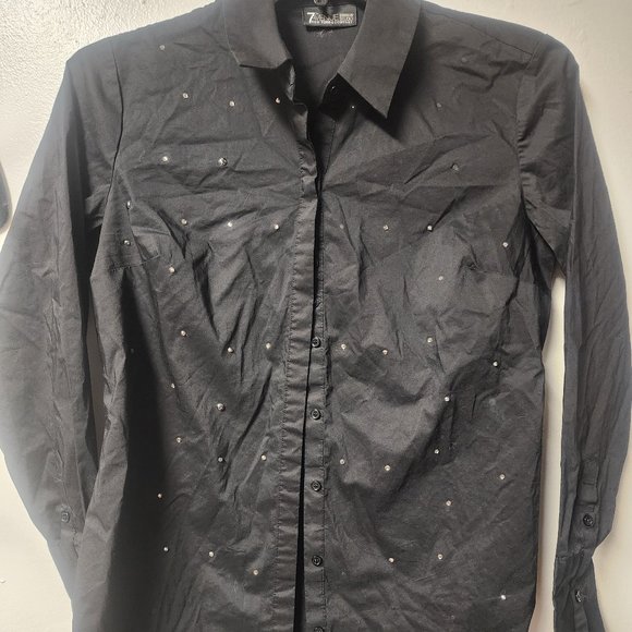 7th Avenue Design Studio black cotton blend button up shirt Medium flawed - Picture 1 of 7